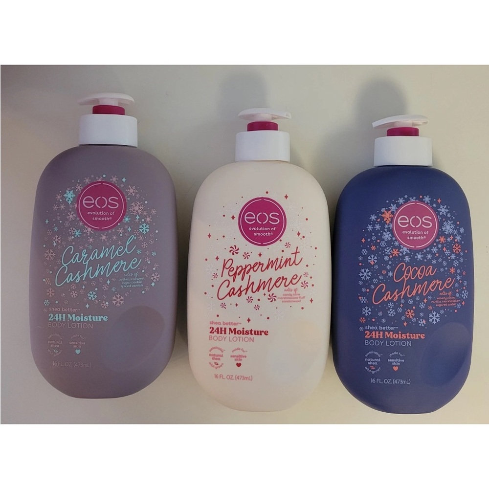 EOS Limited Holiday Body Lotion Peppermint Caramel Cocoa Cashmere Set Of 3 HTF